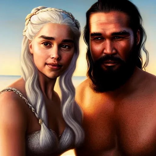 Prompt: beautiful serene intricate portrait of daenerys targaryen and khal drogo taking a selfie, smiling softly, relaxing on the beach, golden hour, soft focus, 8 k, art by irakli nadar, hyperrealism, hyperdetailed, ultra realistic