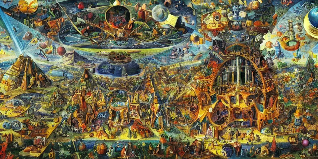 Image similar to prismatic light prism megastructure in the style of heironymus bosch, intricate masterpiece, hyper detailed, hd