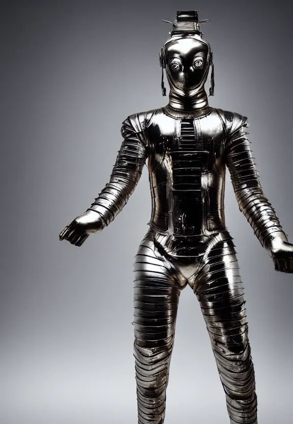 Image similar to thousand hand guanyin dance, metallic armor suit, standing upwards, apocalyptic, hyper realistic, shot on film, full body portrait