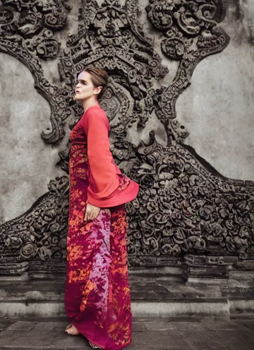 Prompt: emma watson wearing kebaya bali in bali iconic place in bali. front view. instagram holiday photo shoot, 5 0 mm, faces