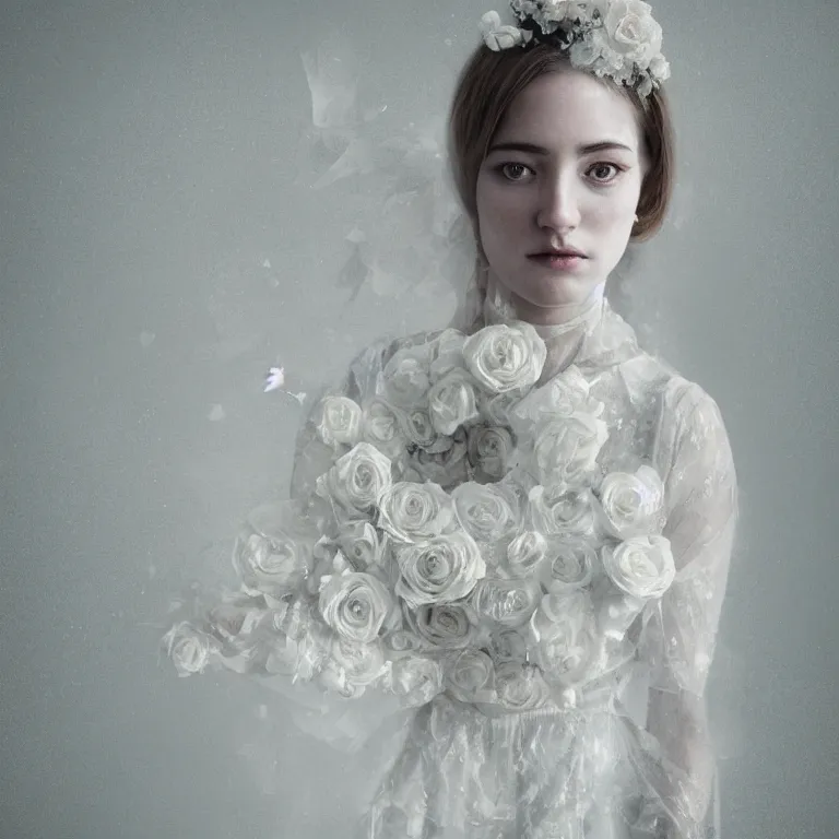 Image similar to hight focus of a wonderful realistic focused sweet wonderful symmetrical mid portrait of a lonely woman with a detailed wonderful, majestic, large semi transparent cream cotton dress ornate with semi transparent cotton roses and semi transparent white veils, dramatic light, octane render - 8 k