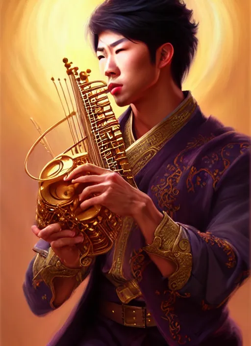 Prompt: a _ fantasy _ style _ portrait _ painting _ of asian male charismatic bard playing instrument, rpg dnd oil _ painting _ unreal _ 5 _ daz. _ rpg _ portrait _ extremely _ detailed _ artgerm _ greg _ rutkowski _ greg