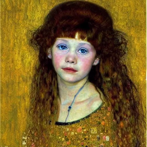 Prompt: incredibly beautiful realistic portrait of a gorgeus young girl by klimt. Young girl long hair. Golden