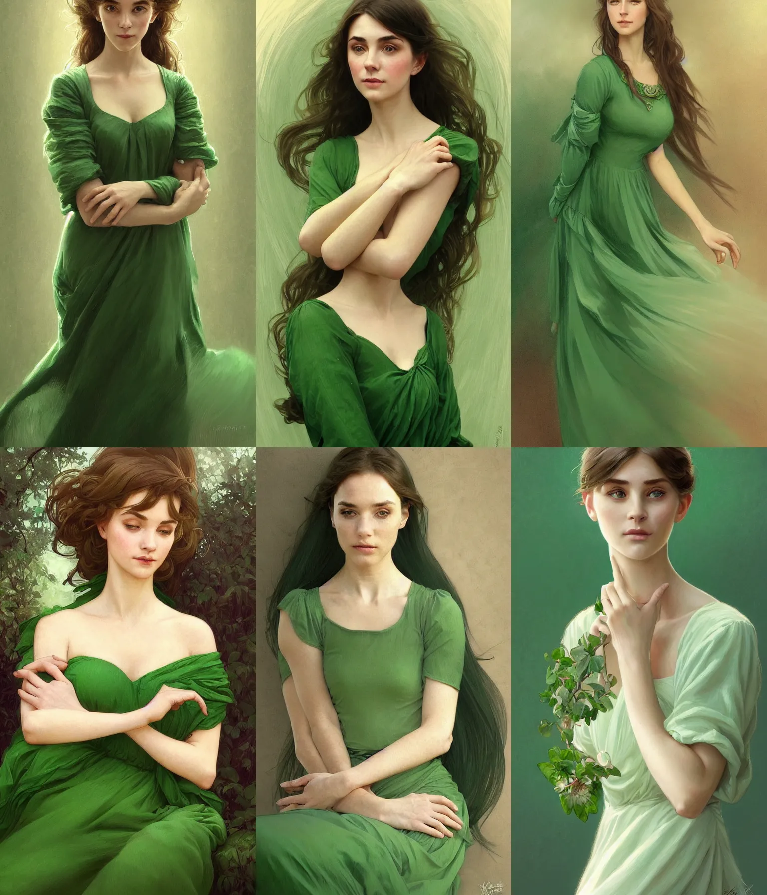 Prompt: portrait of a young woman in a simple green dress, dreamy and ethereal, expressive pose, big green eyes, peaceful expression, ornate dress, fantasy, intricate, elegant, highly detailed, digital painting, artstation, concept art, smooth, sharp focus, illustration, art by artgerm and greg rutkowski and alphonse mucha