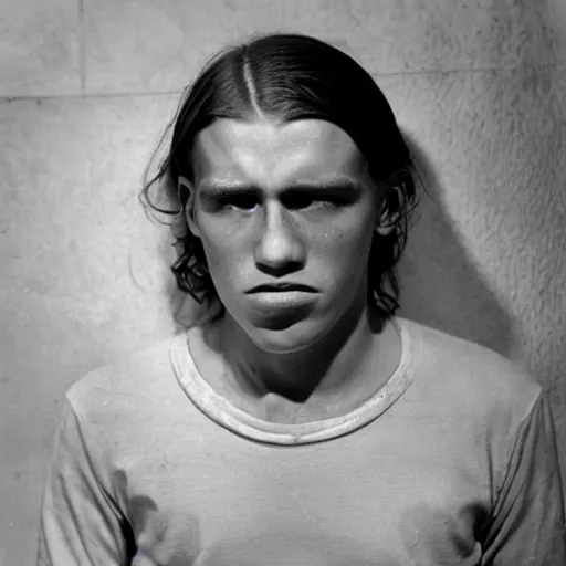 Prompt: 1930s close-up of an utterly terrified young man on the verge of panic tears with long hair cornered with his back against a wall. He looks utterly panicked and distressed and is trying to protect himself from an assailant. Looking straight at camera