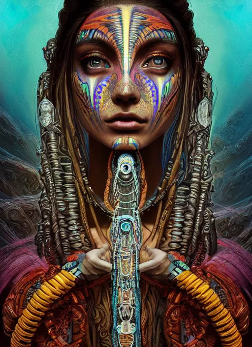 Image similar to masterpiece portrait of an beautiful aztec girl with biomechanical modifications surrounded by chromatic ink pour and flowing liquid complex sacred geometry, powerful, cinematic, dramatic lighting, by elden ring, h. r. giger, beksinski, alphonse mucha, artgerm, donato giancola, tom bagshaw, trending on cgsociety, octane render, 8 k