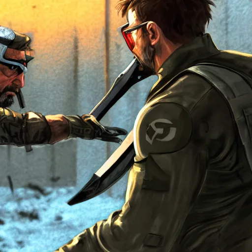 Image similar to Solid Snake from MGS and Gordon Freeman from Half-Life melee fight against each other on an abandoned military base, winter, very detailed, hyper realism, epic, close-up fight, digital art, concept art, illustration, artstation, cgi, 4k