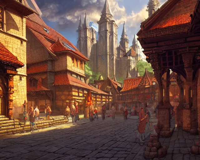 Image similar to a medieval city with temple, market, palace, tavern, beautiful, detailed, temple, market, palace, tavern, concept art illustration, color page, tone mapping, akihiko yoshida, james jean, andrei riabovitchev, marc simonetti, digital illustration, greg rutowski, volumetric lighting, sunbeams, particles