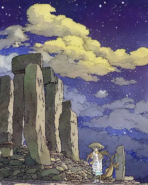 Image similar to a hyperrealist studio ghibli watercolor fantasy concept art. in the foreground is a giant grey octopus building and putting stones in to place on top of stonehenge with a starry sky. by rebecca guay, michael kaluta, charles vess