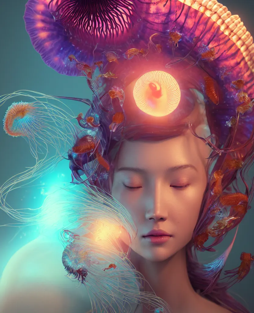 Image similar to goddess close-up portrait. orchid jellyfish phoenix head, nautilus, skull, betta fish, bioluminiscent creatures, intricate artwork by Tooth Wu and wlop and beeple. octane render, trending on artstation, greg rutkowski very coherent symmetrical artwork. cinematic, hyper realism, high detail, octane render, 8k