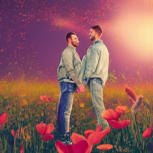 Image similar to a gay couple holding hands in a field of flowers at sunset, realistic, intricate, 4k