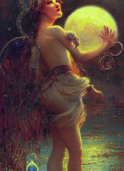 Image similar to surrealism, abstract, witch, portrait, close - up, make up, full big moon, painting by gaston bussiere and albuquerque, soft light