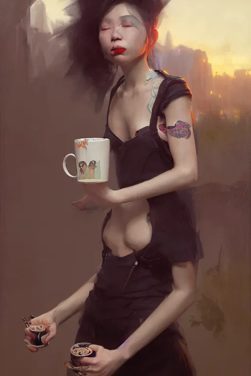 Prompt: portrait of a punk girl on a date with pepe! the frog! drinking coffee in the style of fenghua zhong and ruan jia and jeremy lipking and peter mohrbacher, extremely detailed digital painting, 8 k, natural lighting