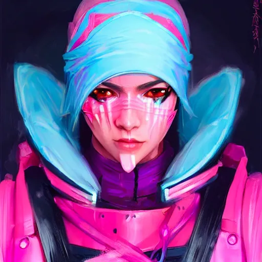 Image similar to stylized ninja - cyberpunk girl, wearing techwear and armor, in the colors hot pink and cyan, beautiful realistic face, highly detailed, digital painting, artstation, concept art, smooth, sharp focus, illustration, art by artgerm, by greg rutkowski, by jeremy mann, by francoise nielly, oil painting