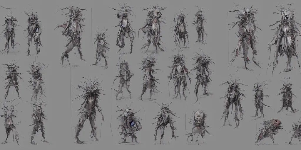 Image similar to cursed puppet design, character sheet, Moebius, Greg Rutkowski, Zabrocki, Karlkka, Jayison Devadas, Phuoc Quan, trending on Artstation, 8K, ultra wide angle, zenith view, pincushion lens effect