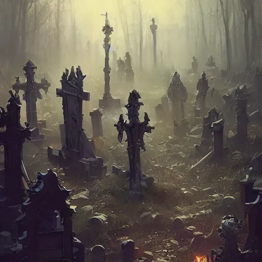 Prompt: a fantasy graveyard with skeletons, by greg rutkowski, digital art, realistic painting, fantasy, very detailed, trending on artstation