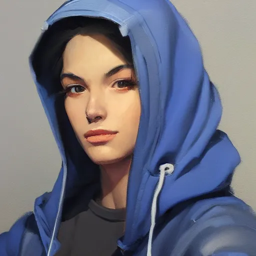 Prompt: greg manchess portrait painting of a beautiful girl wearing a blue hoodie as overwatch character, medium shot, asymmetrical, profile picture, organic painting, matte painting, bold shapes, hard edges, street art, trending on artstation, by huang guangjian and gil elvgren and sachin teng and wlop and rossdraws and greg rutkowski