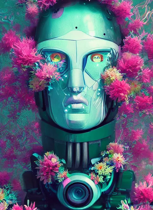 Prompt: closeup, underwater digital painting of a robot wearing a suit made of flowers,!!!! cyberpunk portrait by filip hodas, cgsociety, panfuturism, abstract expressionism, scribbles, made of flowers,!!!! dystopian art, vaporwave!