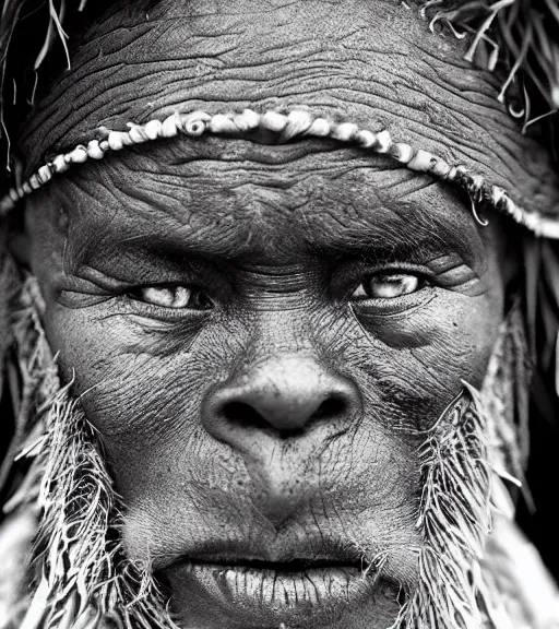 Image similar to Award winning reportage photo of Tuvalu Natives with incredible hair and beautiful hyper-detailed eyes wearing traditional garb by Lee Jeffries, 85mm ND 5, perfect lighting, gelatin silver process