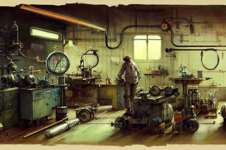 Image similar to ( ( ( ( ( 1 9 5 0 s retro science fiction mechanics shop interior scene. muted colors. ) ) ) ) ) by jean - baptiste monge!!!!!!!!!!!!!!!!!!!!!!!!!!!!!!