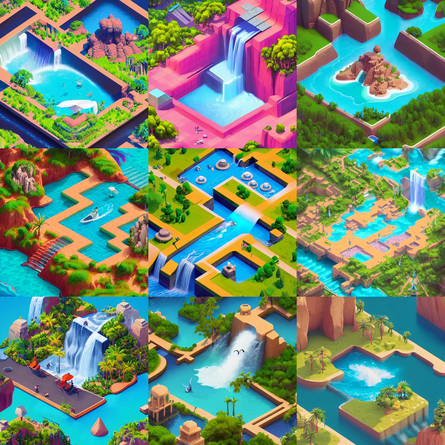 Prompt: isometric webdesign icon for paradise desert oasis with waterfall, 3d octane render, high details, by Artgerm, tooth wu, dan mumford, beeple, wlop, rossdraws, James Jean, Andrei Riabovitchev, Marc Simonetti, yoshitaka Amano, Artstation