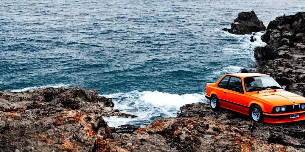 Image similar to orange bmw e30 m3 driving off a cliff into the ocean