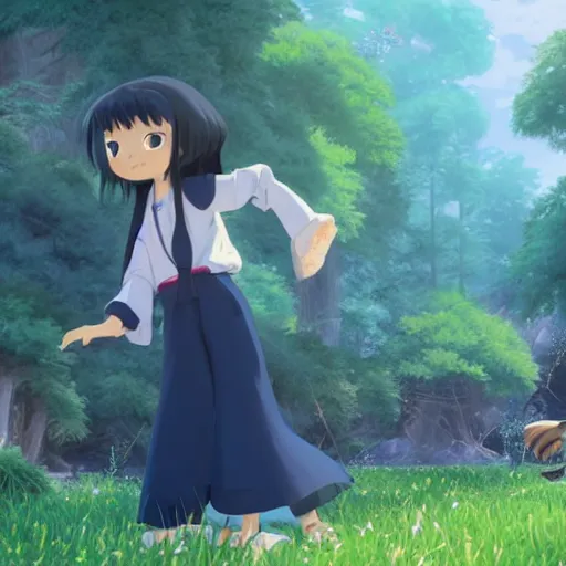 Image similar to a wholesome animation key shot of a girl with long dark blue hair and a raccoon tail, medium shot, studio ghibli, pixar and disney animation, sharp, rendered in unreal engine 5, anime key art by clamp, bloom, dramatic lighting