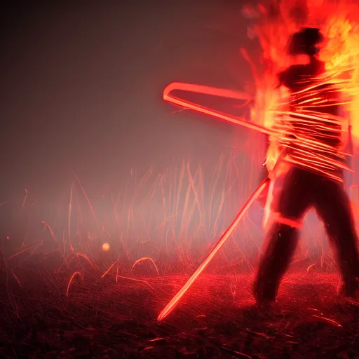 Image similar to a neon samurai in a burning field at night. hyper realistic, 8 k.