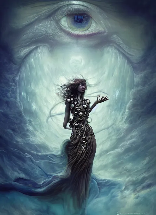 Image similar to epic portrait of menacing and agitated yet stunningly beautiful biomechanical djinn overseeing the iridescent fabric of the universe, by charlie bowater, mandy jurgens, gustav klimt, octane render, dramatic camera angle, 4k, 8k, high detail, HDR, by tom bagshaw, powerful, with inspiration from Beksinski, inspired by greek goddess Athena