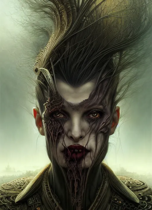 Image similar to closeup portrait shot of a vampire warrior in a scenic dystopian environment, intricate, elegant, highly detailed, centered, digital painting, artstation, concept art, smooth, sharp focus, illustration, artgerm, tomasz alen kopera, peter mohrbacher, donato giancola, joseph christian leyendecker, wlop, boris vallejo