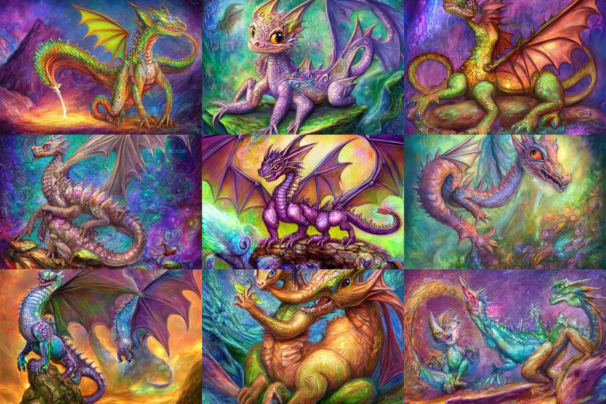 Prompt: full body digital illustration of a cute baby dragon by Josephine Wall and Randy Vargas, chroma, pastel spectral color, concept art, matte background, deviantArt, artstation