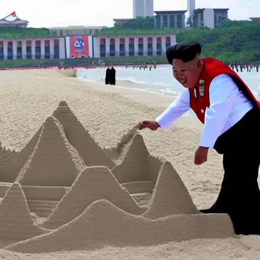 Prompt: kim jong un building sandcastle at the beach