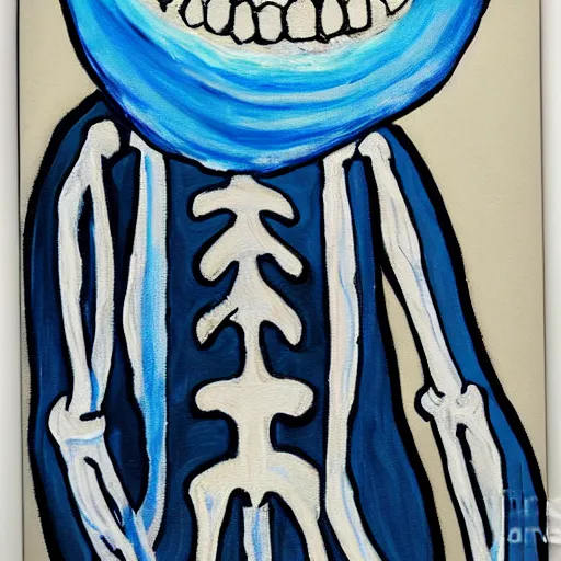 Image similar to smiling skeleton with puffy blue jacket, painting