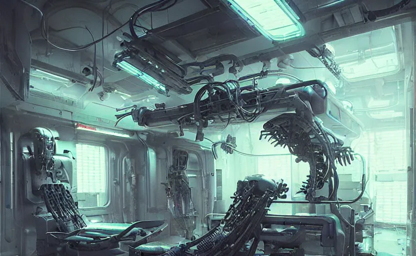 Image similar to neon surgery machine cyberpunk futuristic, in a white room, art by giger, greg rutkowski