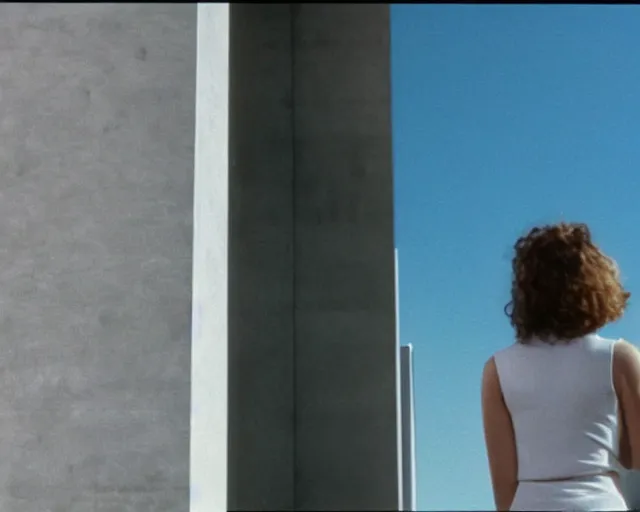 Prompt: a still of a young woman looking out from a huge concrete white balcony of a minimalist house, outside view, low angle, clear sky and background, in the music video Wrapped Around your Finger (1983)