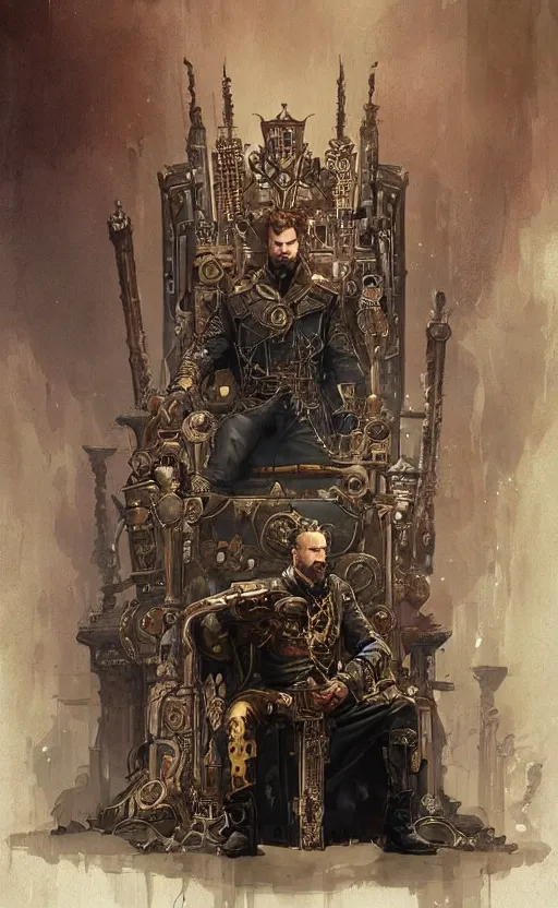 Image similar to « beautiful comic style painting of steampunk king on the throne by greg rutkowski, very detailed »