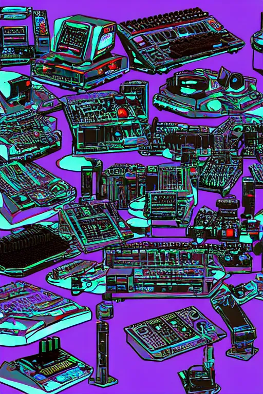 Image similar to drum machines and synththezisers, modular, in the style of akira, tron, sculpted by gaudi