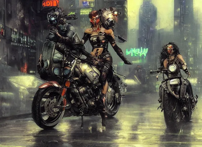 Prompt: 2 attractive cyberpunk females on motorcycles in a gritty futuristic city at night in the rain, art by Simon Bisley Frank Frazetta Martin Emond