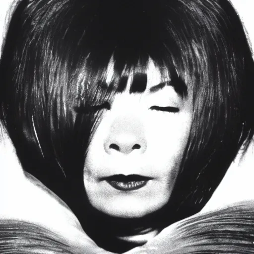 Image similar to Bjork climbs out of your TV screen towards you like Sadako, J-Horror, 90s, 35mm film