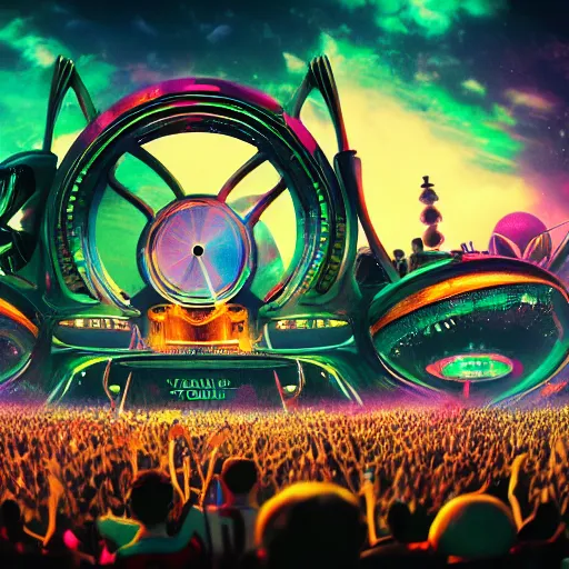 Image similar to Tomorrowland with alien dj, concept art, 4k Colourful