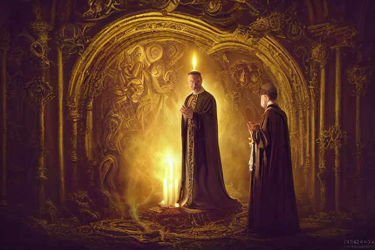 Image similar to photography group circle pope priest in an invoking ritual in front of a viscosity cthulhu within a lovecraft portal in a baroque intricate church, atmospheric lighting, rich deep colors masterpiece, fractal crystals, fantasy portrait by tom bagshaw