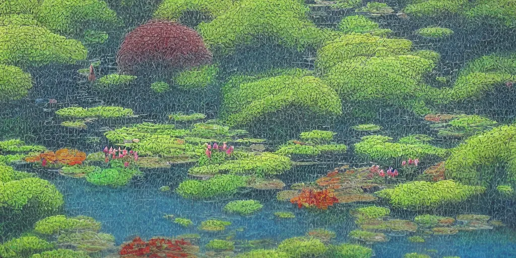 Image similar to pond landscape, by feifei ruan, intricate, sharp focus, detailed, serenity, lively colors