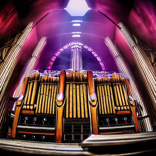 Image similar to pipe organ stereo system hybrid on a huge rock concert stage, spotlights, footnights, fog, style of michael okuda, vincent di fate, rongier, dramatic lighting, detailed, gothic, ornate, fisheye, bizarre, kafka