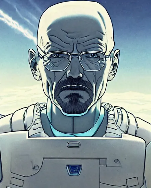 Image similar to portrait of walter white as a robot, cybernetic enhancements, art by makoto shinkai and alan bean, yukito kishiro