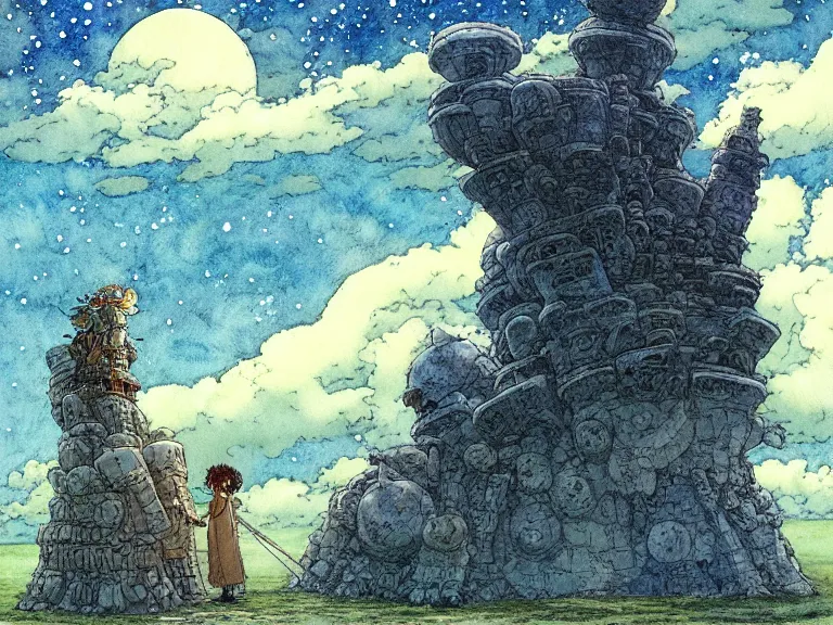 Prompt: hyperrealist studio ghibli watercolor fantasy concept art of an immense starship from howl's moving castle sitting on stonehenge like a stool. it is a misty starry night. by rebecca guay, michael kaluta, charles vess