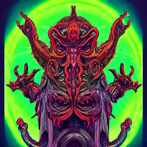 Image similar to 4 k stylized neon headshot of godlike cthulhu with defined arms and open hands and bloody clothes with giant mandala wings, intricate face, flawless anime cel animation by kentaro miura, psychedelic, highly detailed upper body, professionally post - processed, beautiful, scary, symmetry accurate features, epic, octane rendered, anime masterpiece, accurate