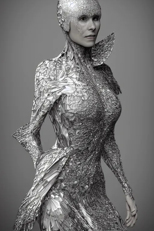 Prompt: a highly detailed medium shot 8 k render portrait of an alien goddess fashion model in iris van herpen dress schiaparelli in diamonds and jewelry in style of alphonse mucha trending on artstation made in unreal engine 4