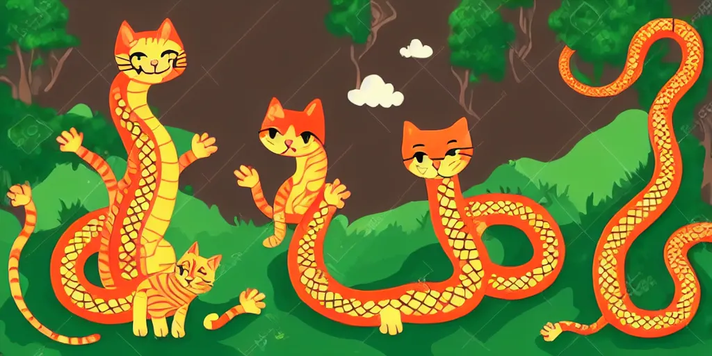 Image similar to cat dragon next to snake sing happily in fantasy forest