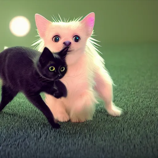 Image similar to an adorable blond long haired chihuahua playing with a cute black cat : : in the style of pixar : : octane render, unreal engine 5, cinematic lighting, cinematic depth of field