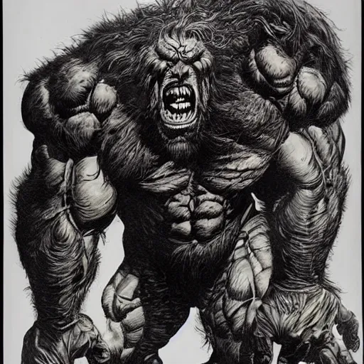 Image similar to hairy, thick muscled, overbearing, hungry, menacing, giant painted by bernie wrightson,